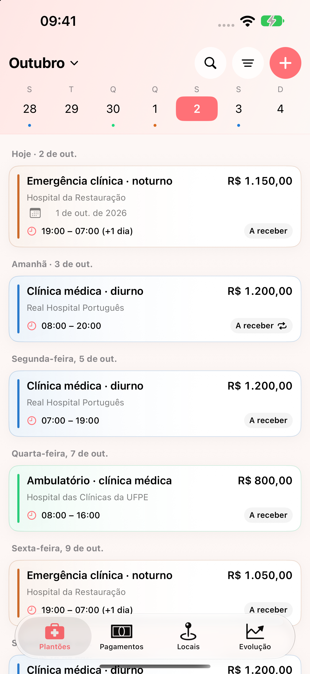 Prévia da nova agenda, com plantões e valores fictícios.